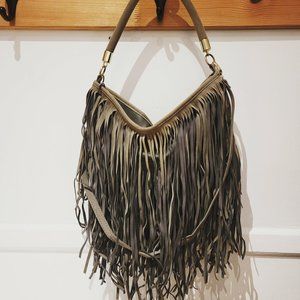 Gray handbag with fringe